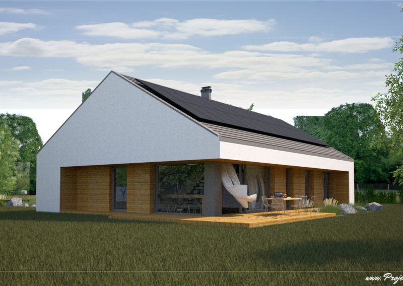 gotowy projekt domu modułowego z dachem dwuspadowym i instalacją fotowoltaiczną
