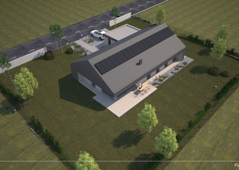koncepcja domu modułowego z dachem dwuspadowym na działce budowlanej