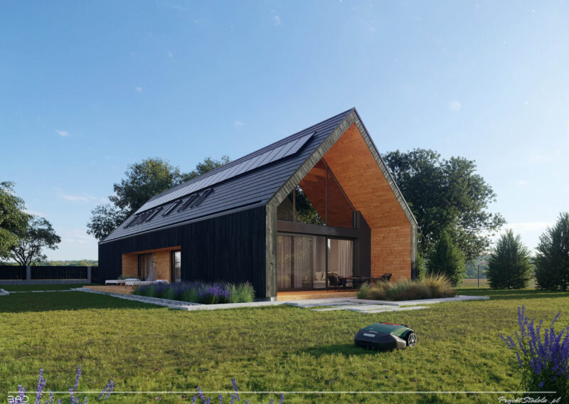 koncepcja domu modułowego typu nowoczesna stodoła, o ciemnej, drewnianej elewacji