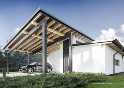 dom prefabrykowany z modułów z wiatą garażowa dwustanowiskową, pod którą zaparkowany stoi samochód marki porsche